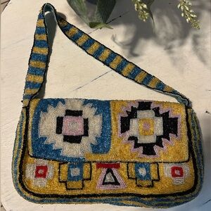 CHRISTIANA Bag Purse Tote Vintage Artisan Beaded Shoulder Western Beaded Aztec